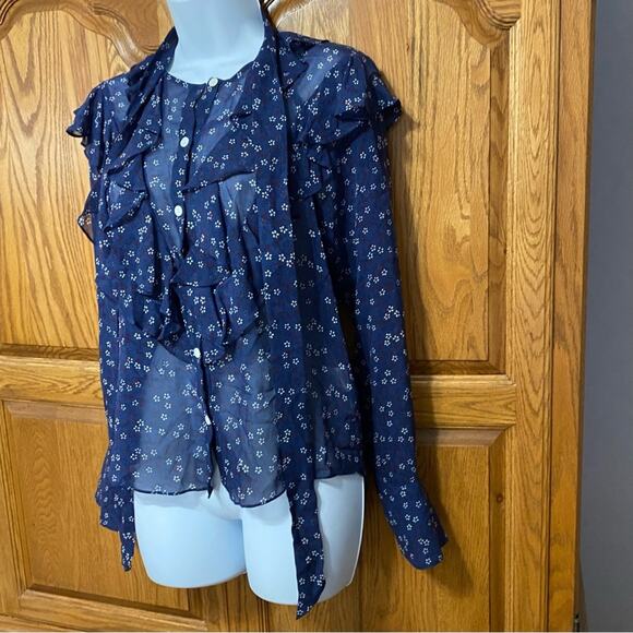 Veronica Beard Finley Silk Ruffle Tie Neck Blouse Dark Blue Floral Women’s Sz 0 - Picture 9 of 16